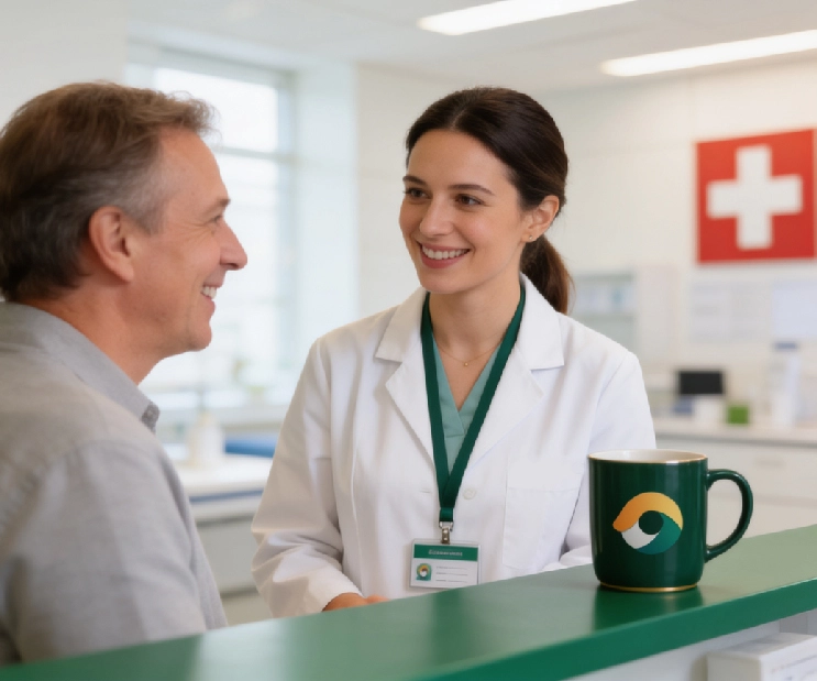 Ärztin berät Patient zur Krankenkasse in einer Schweizer Klinik